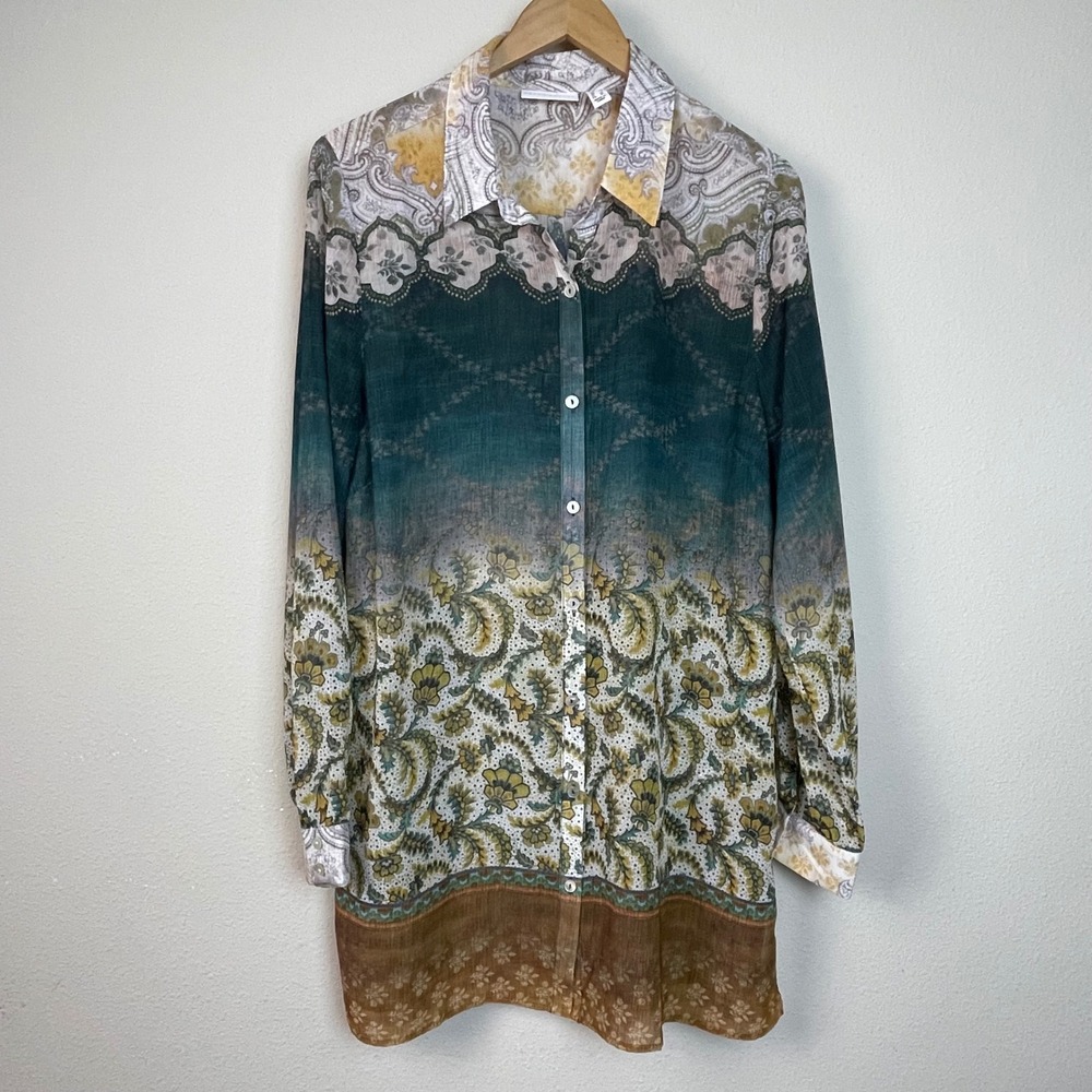 Susan Graver Women's Long Sleeve Paisley Print Button Up Goblincore Shirt Top XL